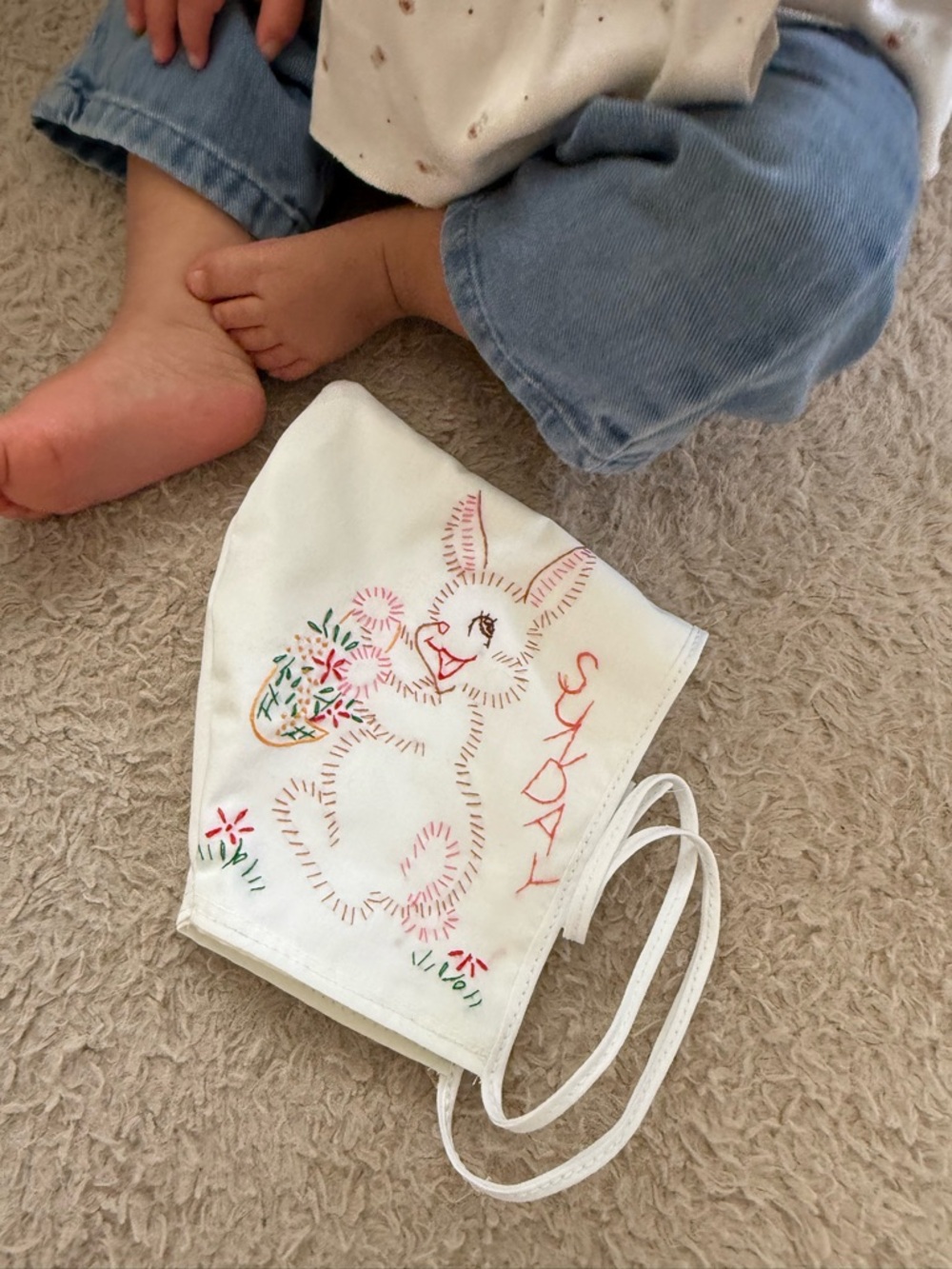 Baby Pixie Bonnet-White Embroidered Bunny - Sunday
